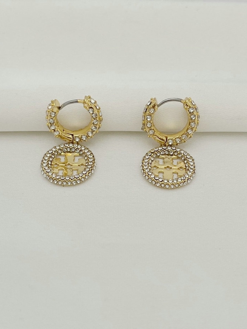 Tory Burch Gold Crystal Logo Hoop Drop Earrings
